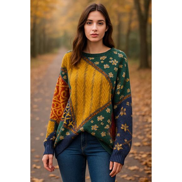 Boho Patchwork Oversized Sweater Multicolor Floral Print Wool Blend Size M - Picture 1 of 6